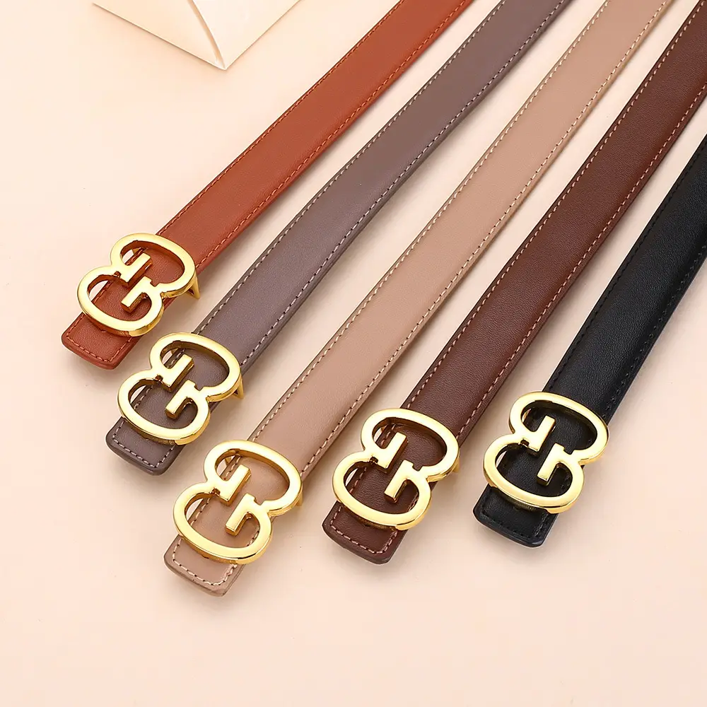 Bright Gold G Logo Belt for Women Genuine Leather