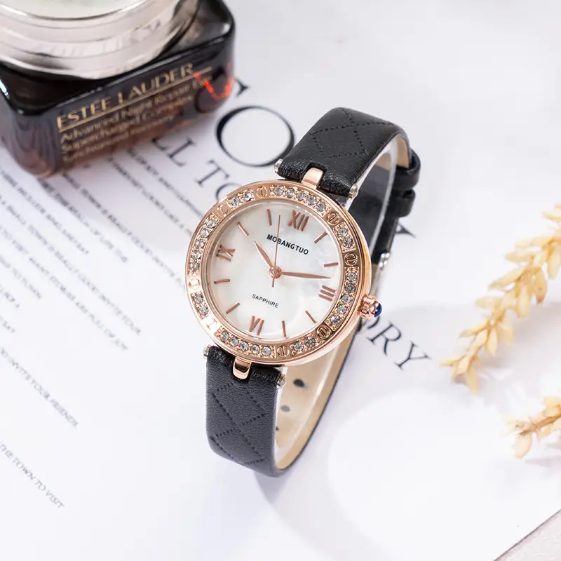 Women's Rose Gold Diamond Watch with Black Belt