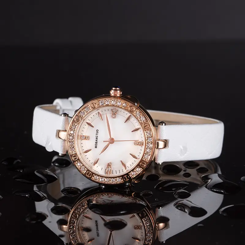 Women's Rose Gold Diamond Watch with Black Belt