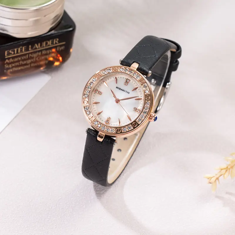 Women's Rose Gold Diamond Watch with Black Belt