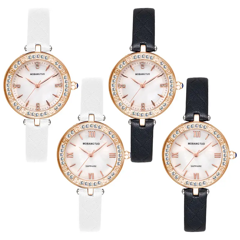 Women's Rose Gold Diamond Watch with Black Belt