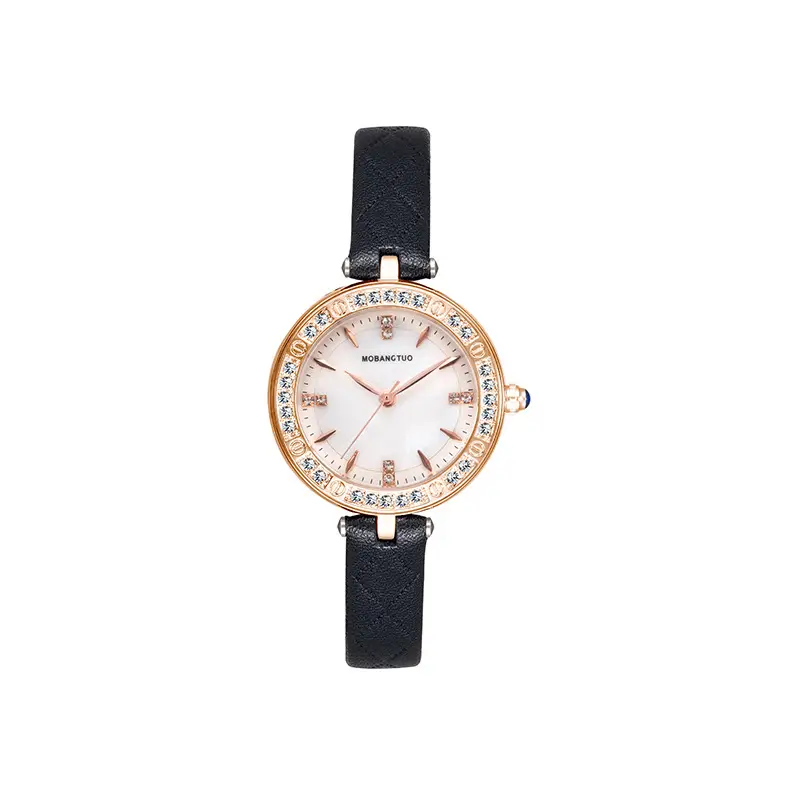 Women's Rose Gold Diamond Watch with Black Belt