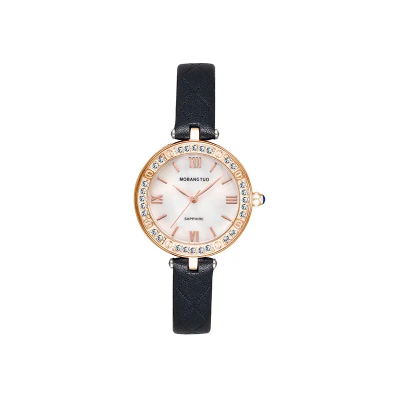Women's Rose Gold Diamond Watch with Black Belt