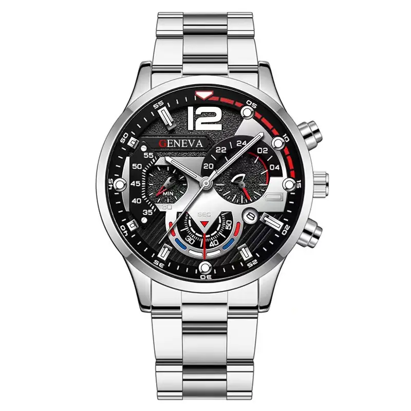 Men's Chronograph Steel Belt Watch Black Dial Red Accents — feature 1