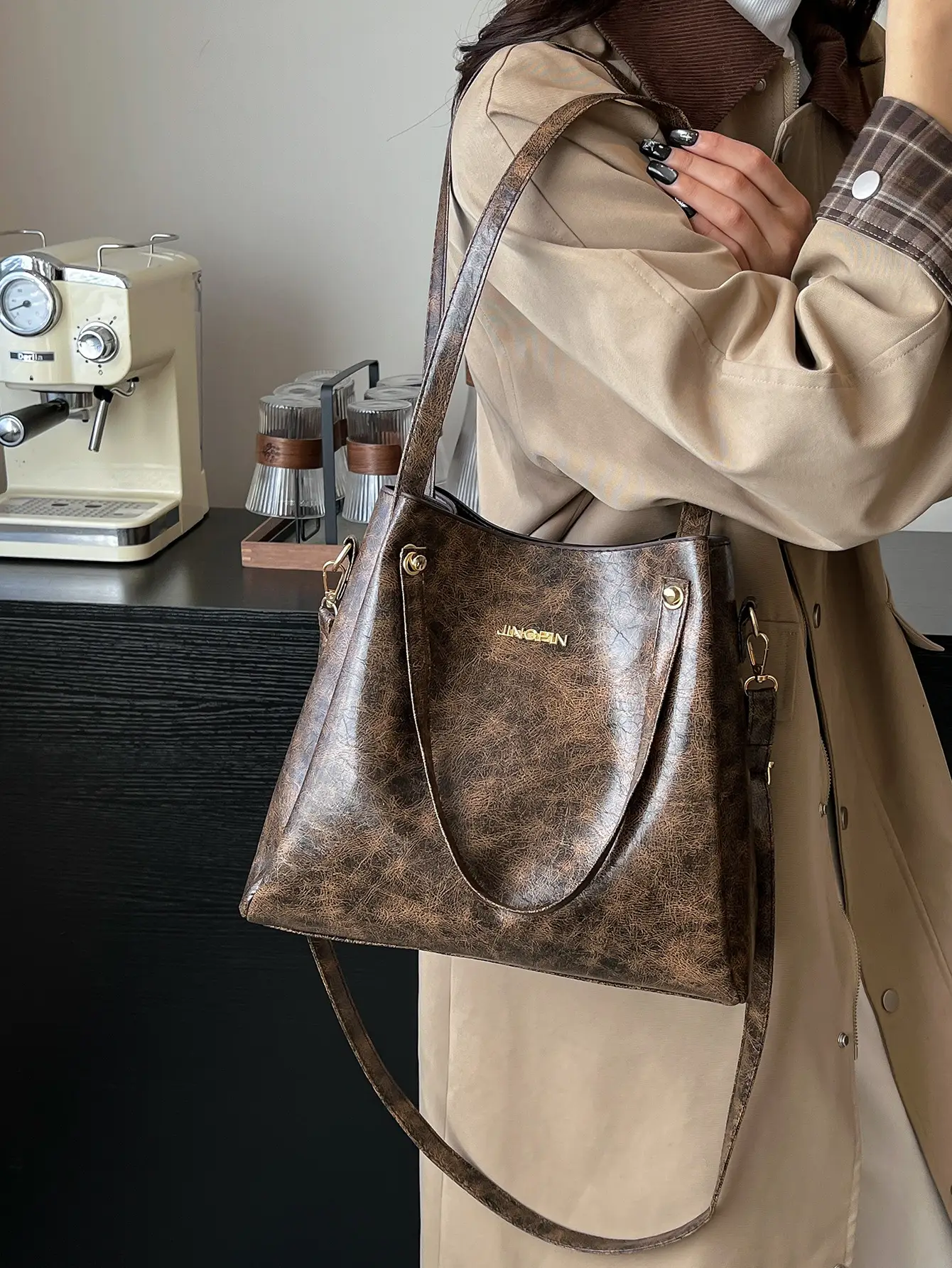 Women's Brown Textured Shoulder Bag 2025 Autumn Winter - Image 7