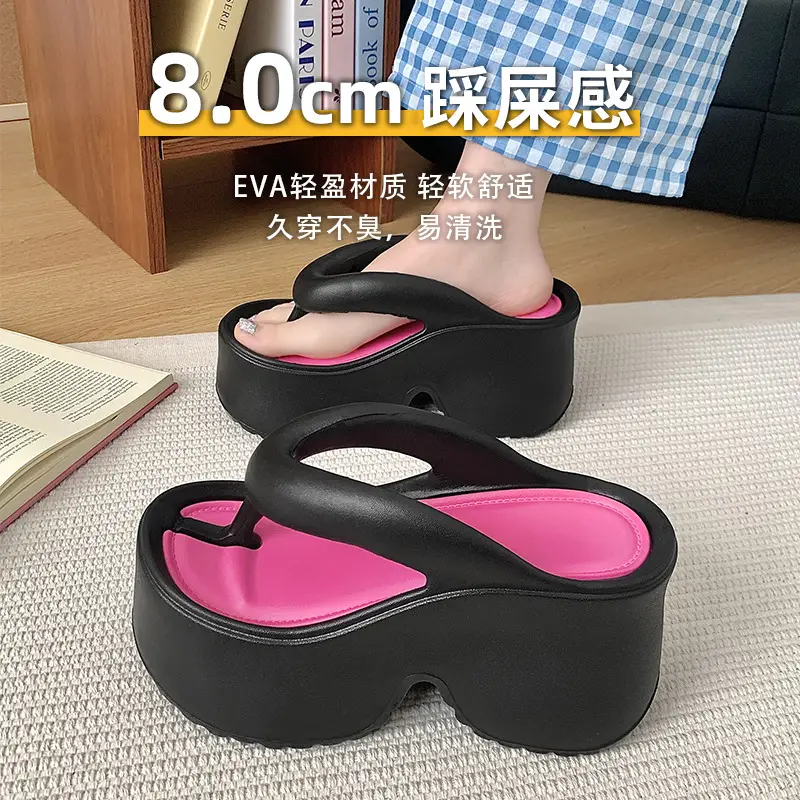 Women's Thick Platform Flip Flops Black Pink - Image 5