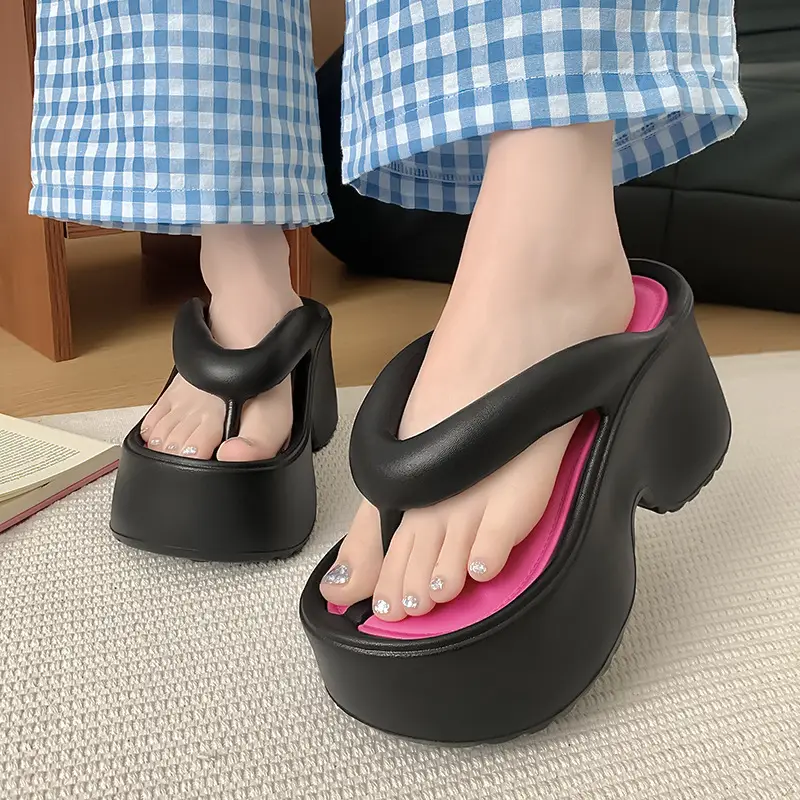 Women's Thick Platform Flip Flops Black Pink - Image 8