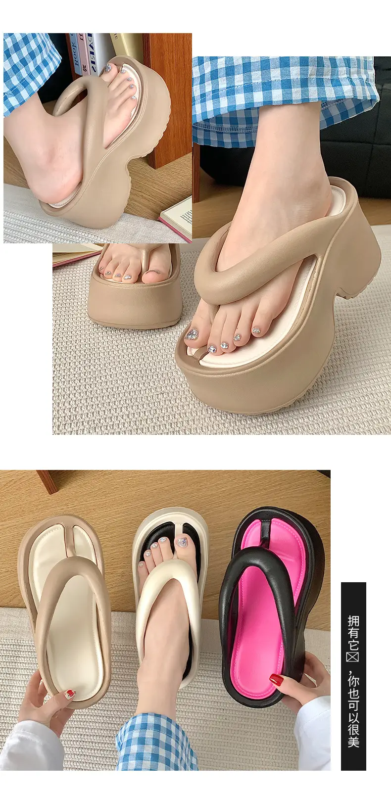 Women's Thick Platform Flip Flops Black Pink — feature 10