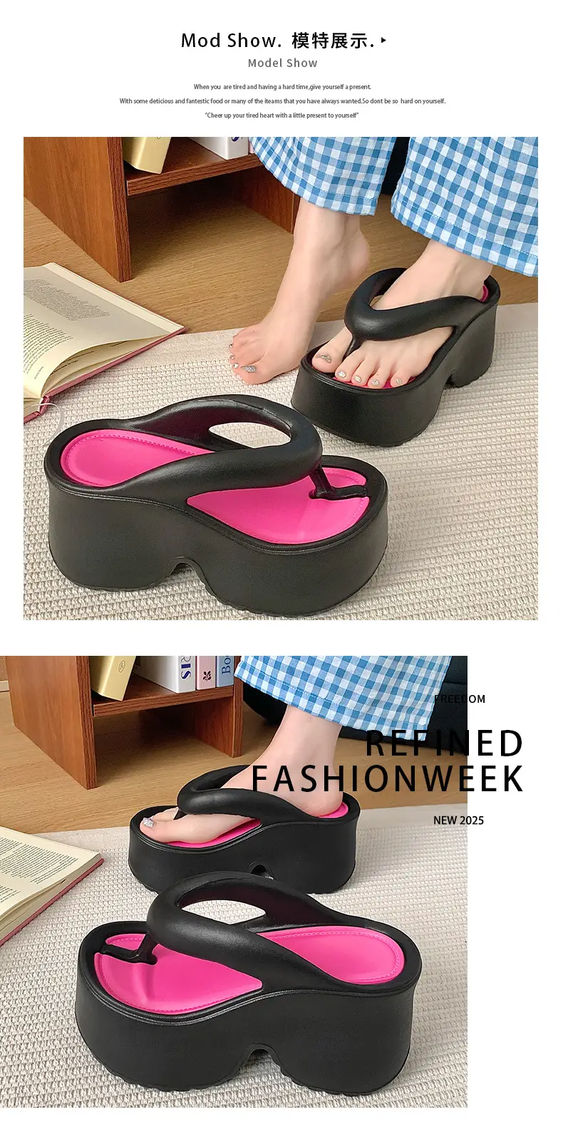 Women's Thick Platform Flip Flops Black Pink — feature 6