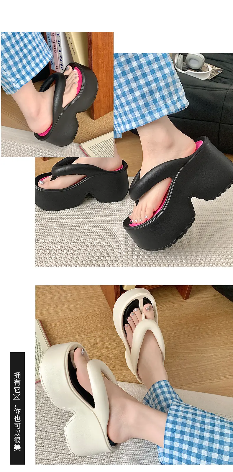 Women's Thick Platform Flip Flops Black Pink — feature 7