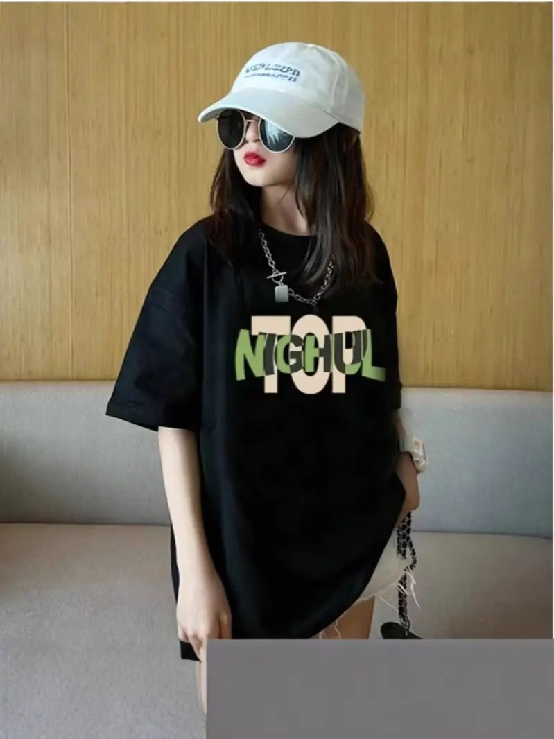 Girls Printed T-Shirt Summer Wear Loose Fit Black