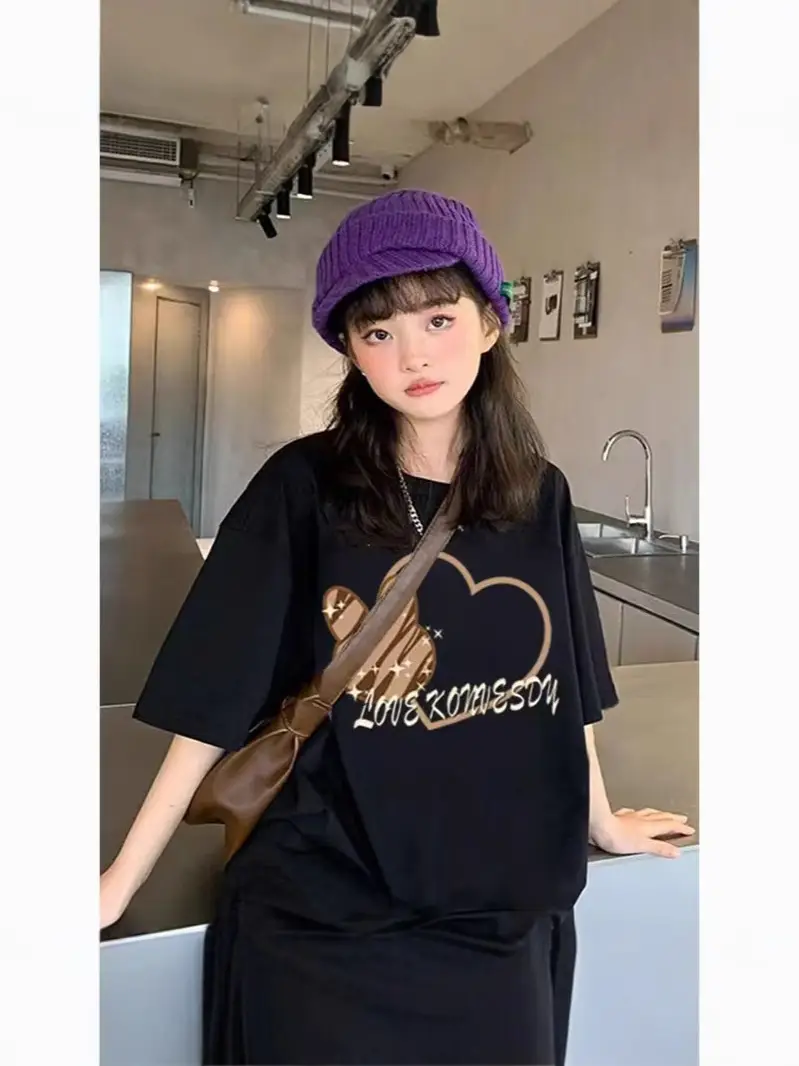 Girls Printed T-Shirt Summer Wear Loose Fit Black