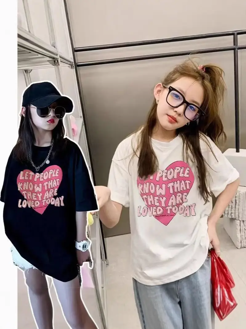 Girls Printed T-Shirt Summer Wear Loose Fit Black