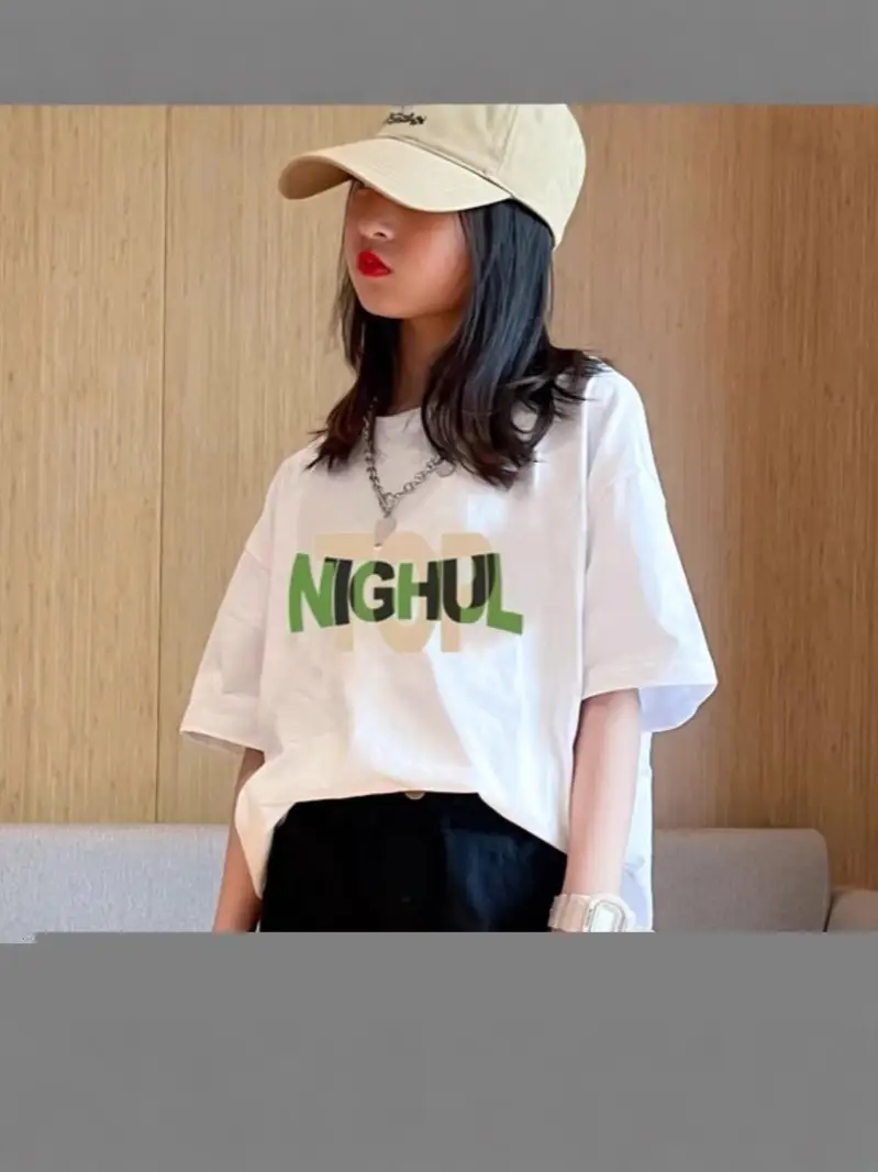 Girls Printed T-Shirt Summer Wear Loose Fit Black