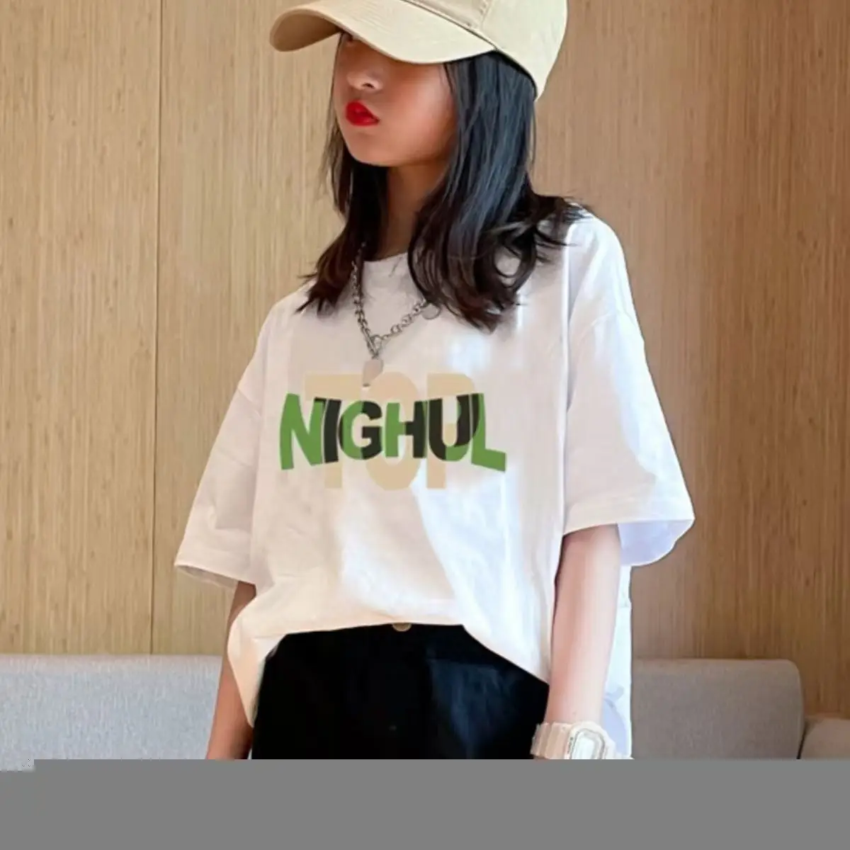 Girls Printed T-Shirt Summer Wear Loose Fit Black