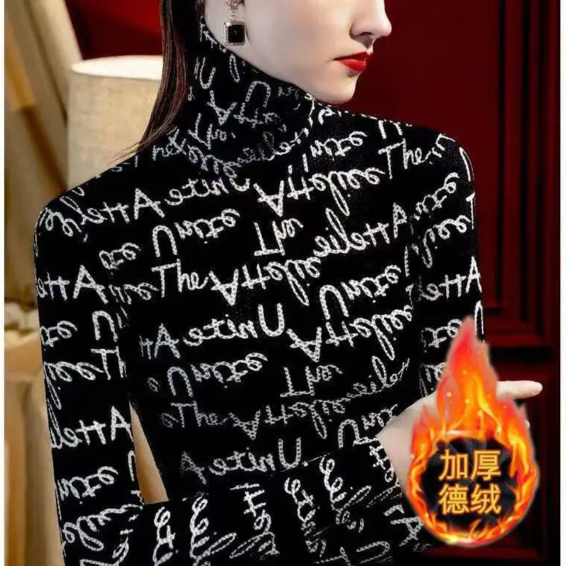 Double-sided Velvet Base Shirt Women's Thickened Autumn and Winter High Collar Foreign Style Inner Long-sleeved T-shirt Women's Slim-fit Warm Top Ins