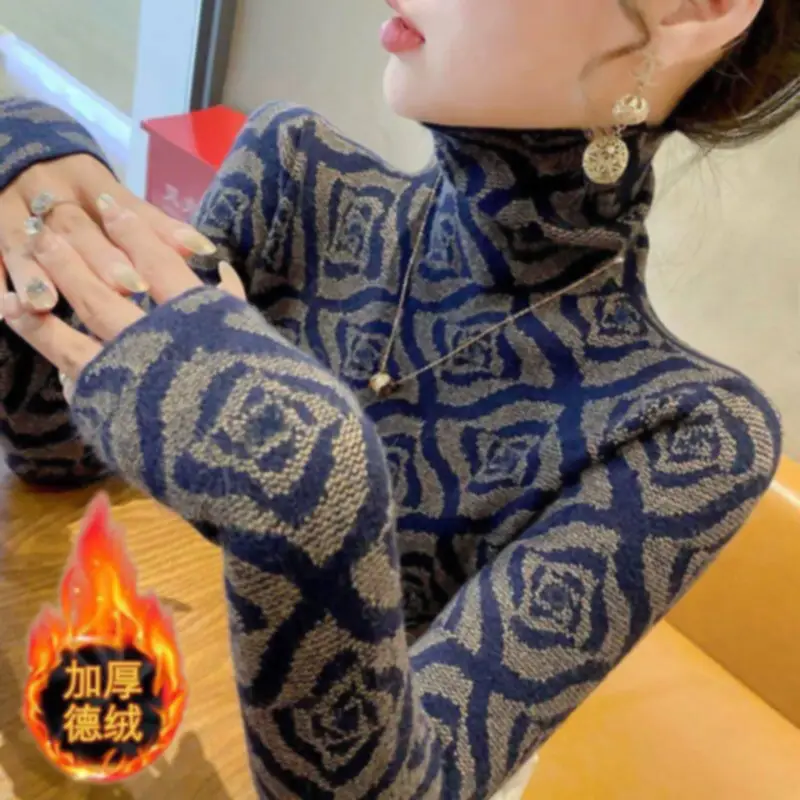 Double-sided Velvet Base Shirt Women's Thickened Autumn and Winter High Collar Foreign Style Inner Long-sleeved T-shirt Women's Slim-fit Warm Top Ins
