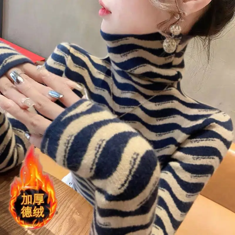 Double-sided Velvet Base Shirt Women's Thickened Autumn and Winter High Collar Foreign Style Inner Long-sleeved T-shirt Women's Slim-fit Warm Top Ins