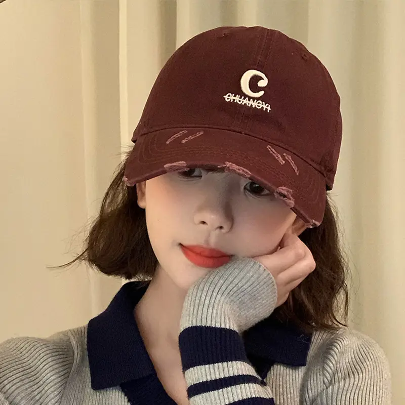 Women Maroon Letter Hole Cap Spring Sun Hat