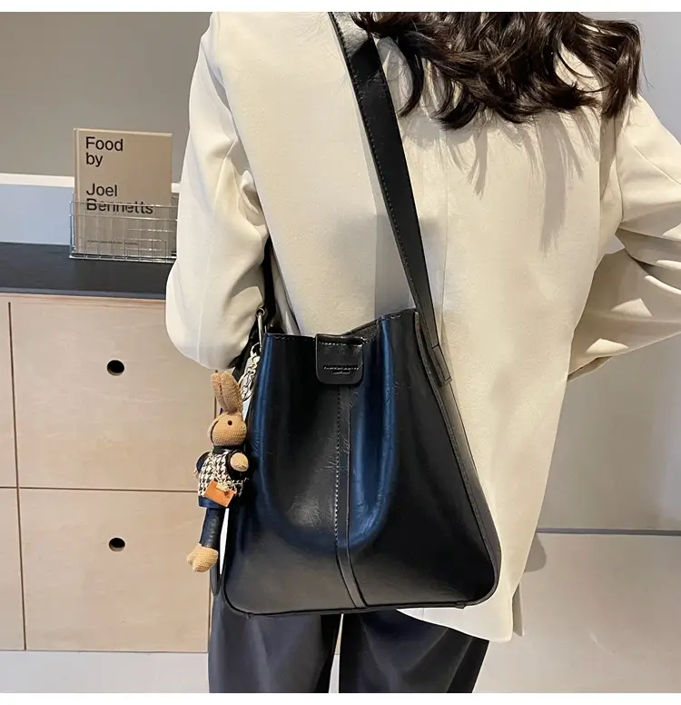 Women's Brown Leather Shoulder Bag with Cute Toy Charm — feature 16