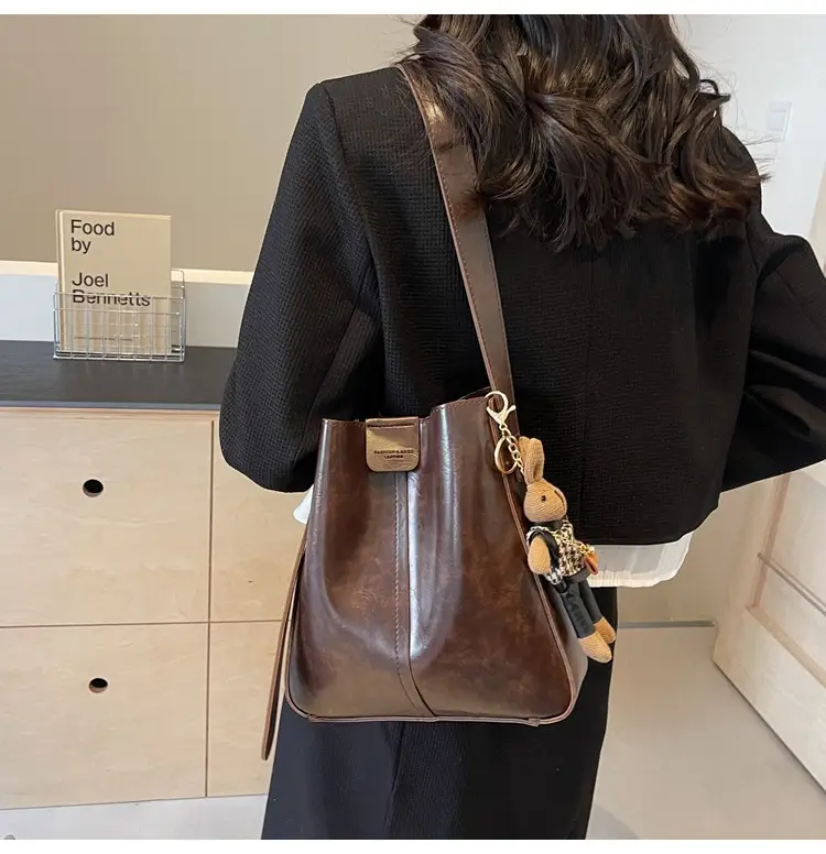 Women's Brown Leather Shoulder Bag with Cute Toy Charm — feature 23