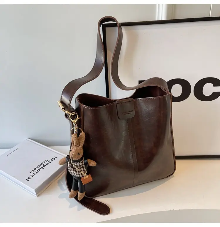 Women's Brown Leather Shoulder Bag with Cute Toy Charm — feature 30