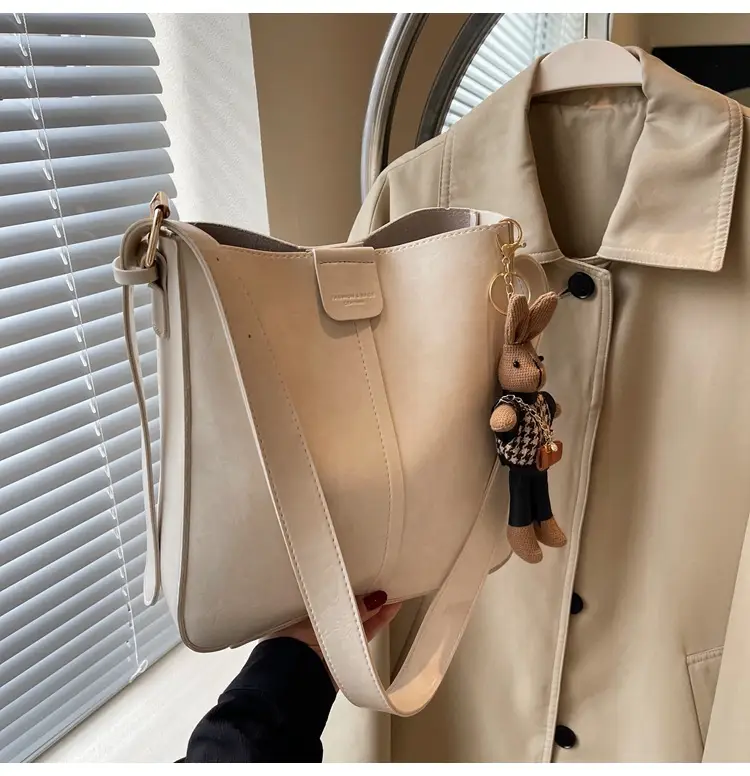 Women's Brown Leather Shoulder Bag with Cute Toy Charm — feature 34
