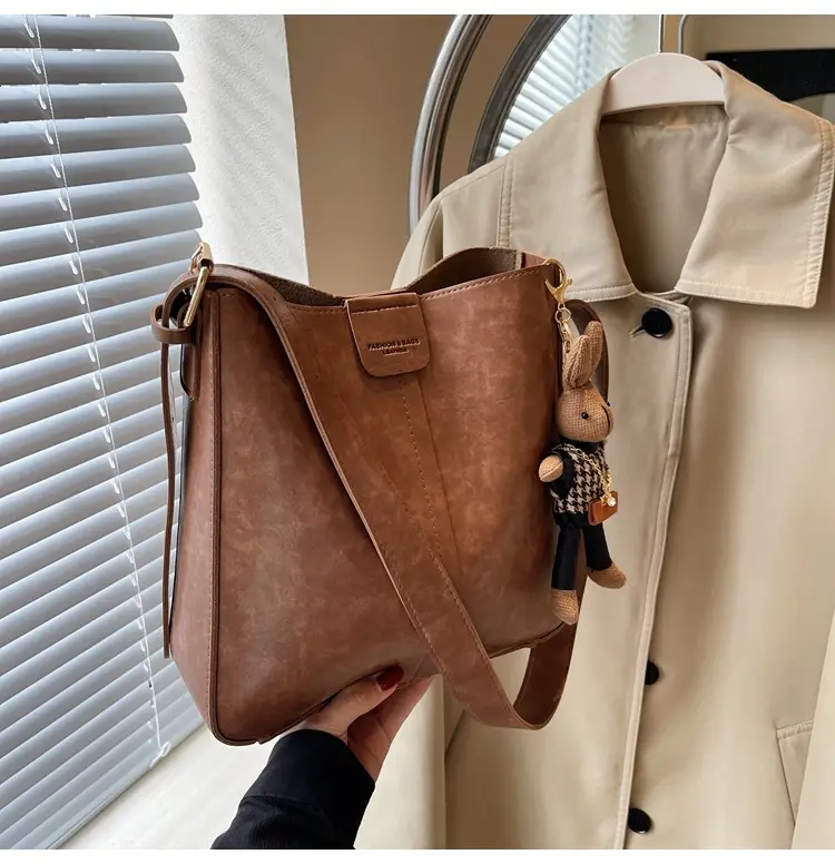 Women's Brown Leather Shoulder Bag with Cute Toy Charm — feature 36
