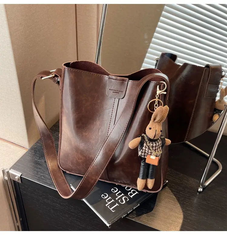Women's Brown Leather Shoulder Bag with Cute Toy Charm — feature 37