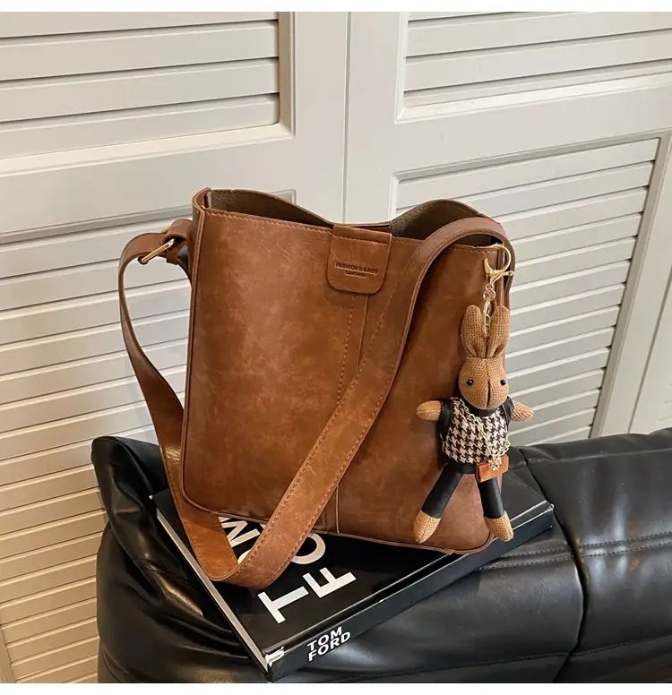 Women's Brown Leather Shoulder Bag with Cute Toy Charm — feature 39