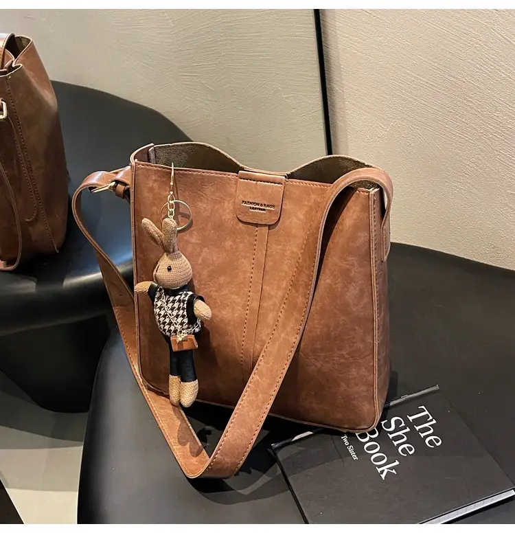 Women's Brown Leather Shoulder Bag with Cute Toy Charm — feature 43
