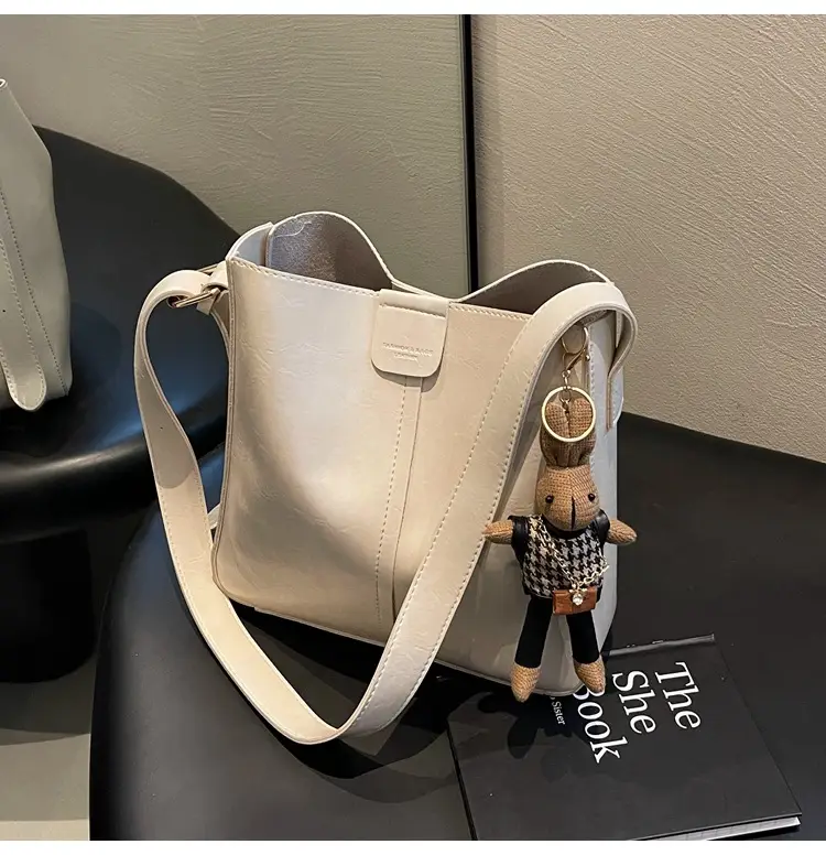 Women's Brown Leather Shoulder Bag with Cute Toy Charm — feature 45