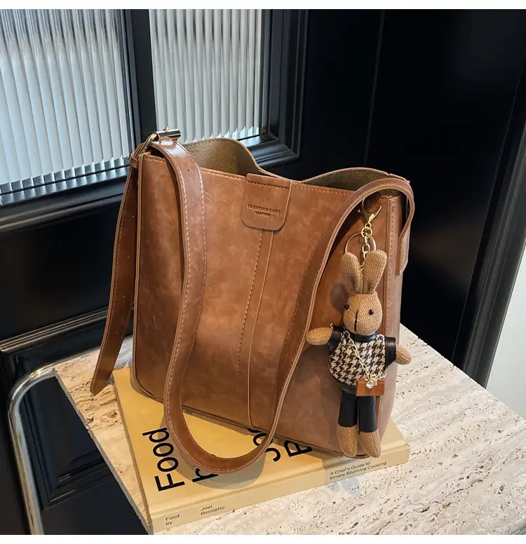 Women's Brown Leather Shoulder Bag with Cute Toy Charm — feature 47