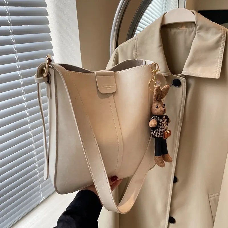 Women's Brown Leather Shoulder Bag with Cute Toy Charm - Image 2