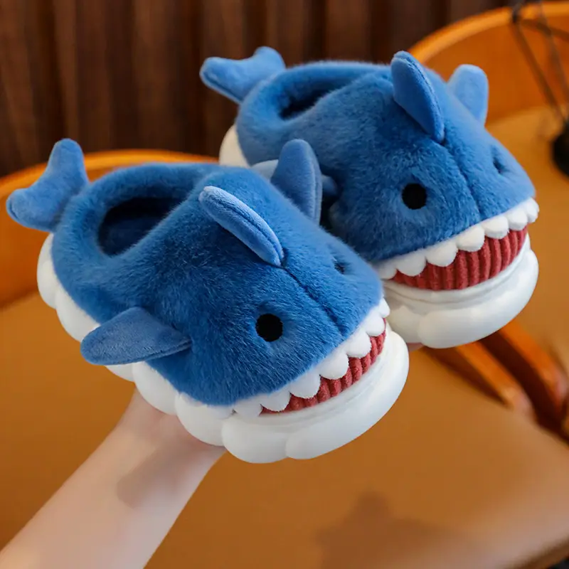 Children's Cotton Slippers Autumn and Winter Waterproof Home Indoor Non-slip Boy Cute Shark Pattern Baby Kids Cotton Slippers