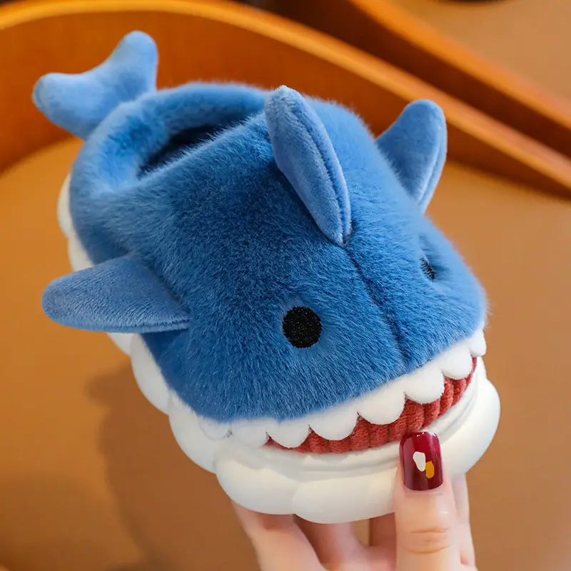 Children's Cotton Slippers Autumn and Winter Waterproof Home Indoor Non-slip Boy Cute Shark Pattern Baby Kids Cotton Slippers