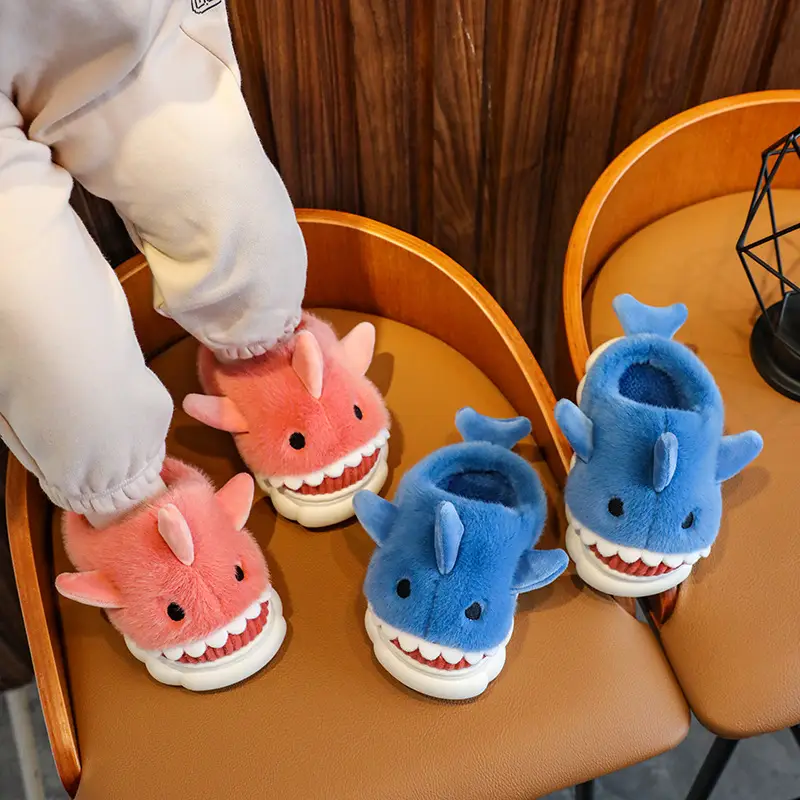 Children's Cotton Slippers Autumn and Winter Waterproof Home Indoor Non-slip Boy Cute Shark Pattern Baby Kids Cotton Slippers