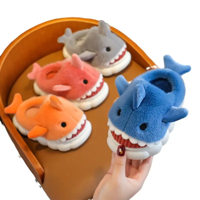 Children's Cotton Slippers Autumn and Winter Waterproof Home Indoor Non-slip Boy Cute Shark Pattern Baby Kids Cotton Slippers
