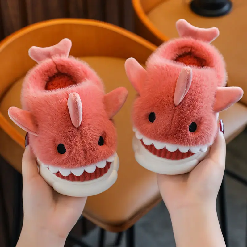 Children's Cotton Slippers Autumn and Winter Waterproof Home Indoor Non-slip Boy Cute Shark Pattern Baby Kids Cotton Slippers