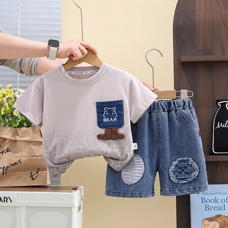 2025 Summer Boys Cotton T-Shirt & Denim Shorts Set - Image 2