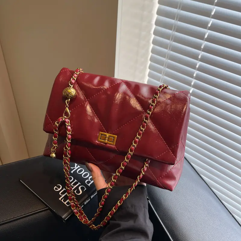 Red Leather Chain Shoulder Bag for Women