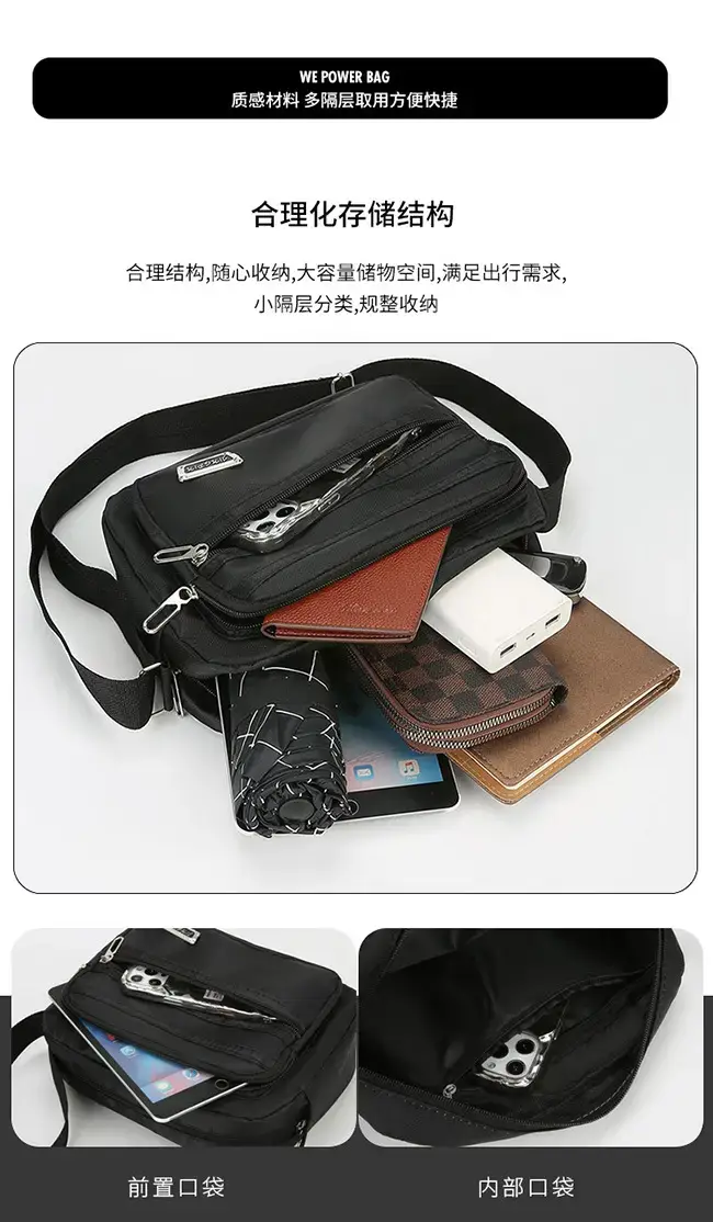Men's Waterproof Satchel Shoulder Bag Black Multi-Layer — feature 9