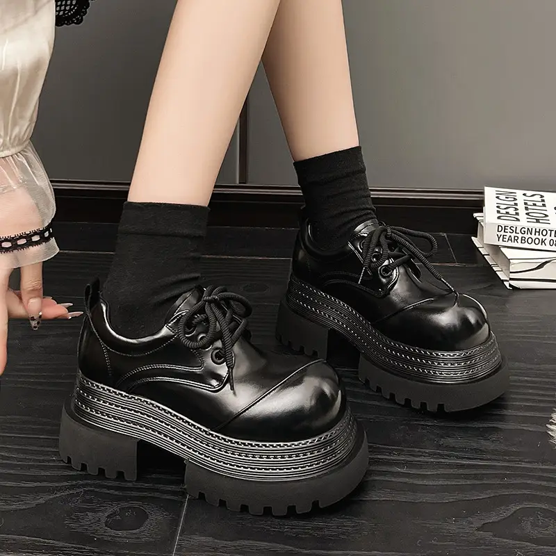 Platform Sole Personalized Big Head Low-top Shoes 2025 Spring New Thick Sole Coarse Heeled Lace-up Casual Small Leather Shoes Loafers