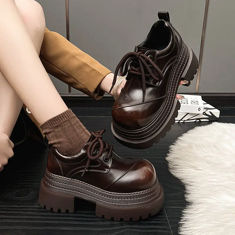 Platform Sole Personalized Big Head Low-top Shoes 2025 Spring New Thick Sole Coarse Heeled Lace-up Casual Small Leather Shoes Loafers