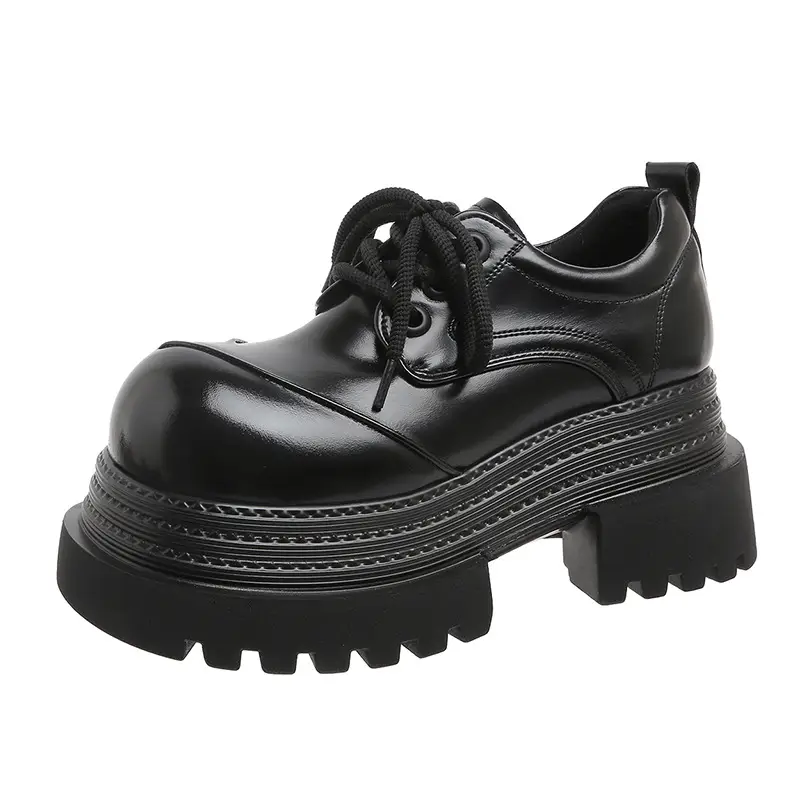 Platform Sole Personalized Big Head Low-top Shoes 2025 Spring New Thick Sole Coarse Heeled Lace-up Casual Small Leather Shoes Loafers
