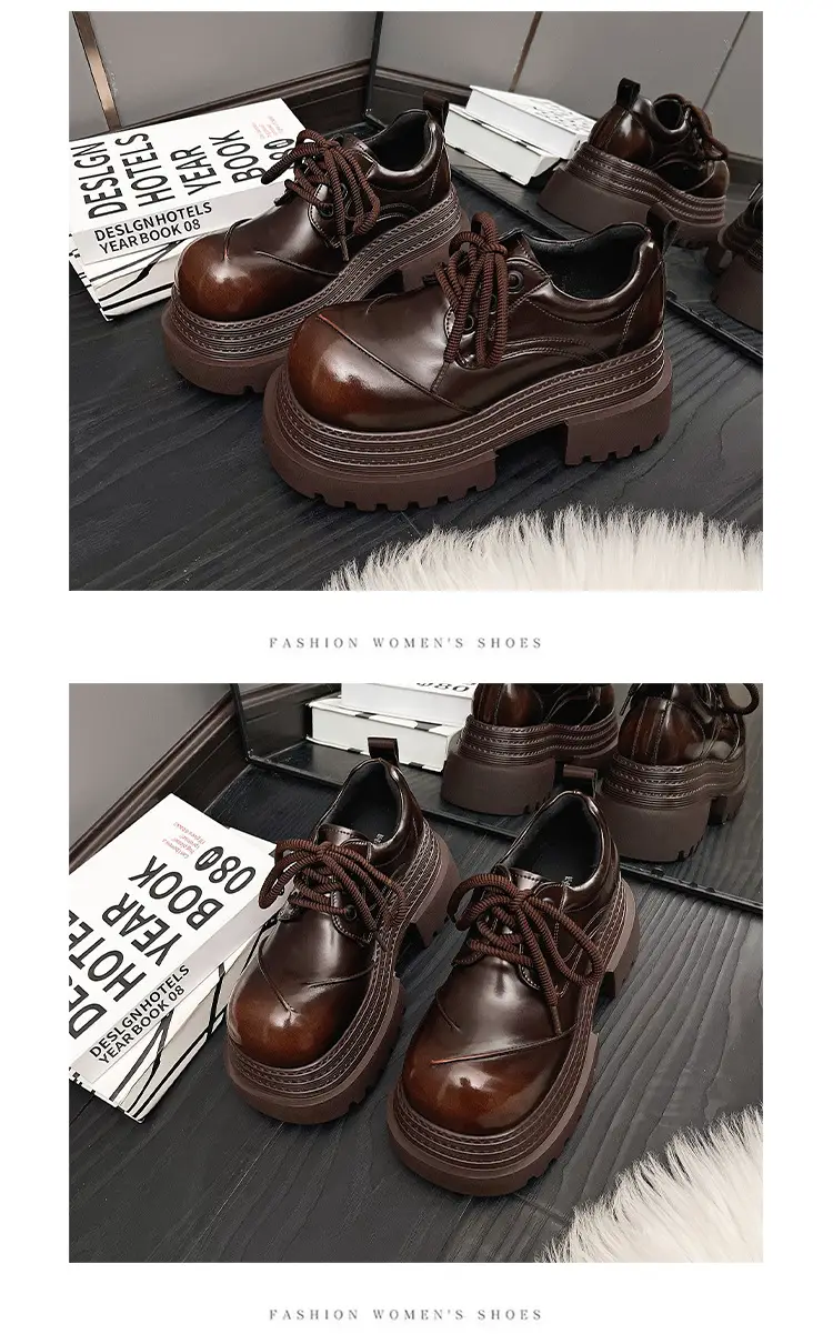 Platform Sole Personalized Big Head Low-top Shoes 2025 Spring New Thick Sole Coarse Heeled Lace-up Casual Small Leather Shoes Loafers — feature 12