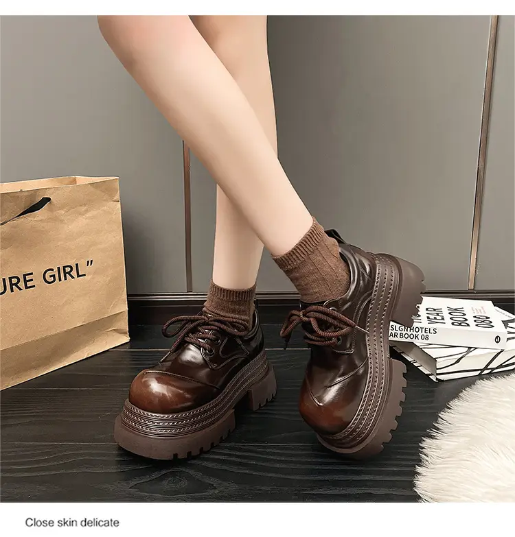 Platform Sole Personalized Big Head Low-top Shoes 2025 Spring New Thick Sole Coarse Heeled Lace-up Casual Small Leather Shoes Loafers — feature 14