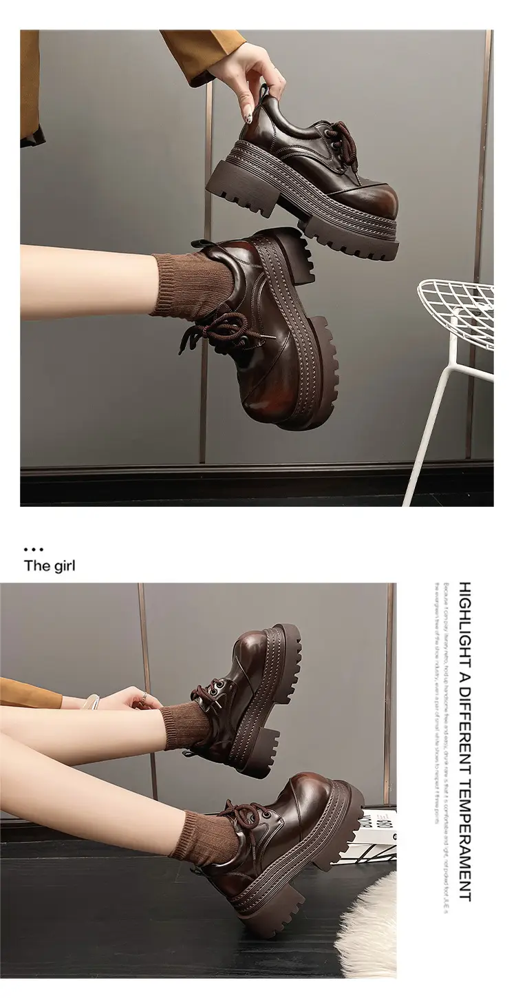 Platform Sole Personalized Big Head Low-top Shoes 2025 Spring New Thick Sole Coarse Heeled Lace-up Casual Small Leather Shoes Loafers — feature 17