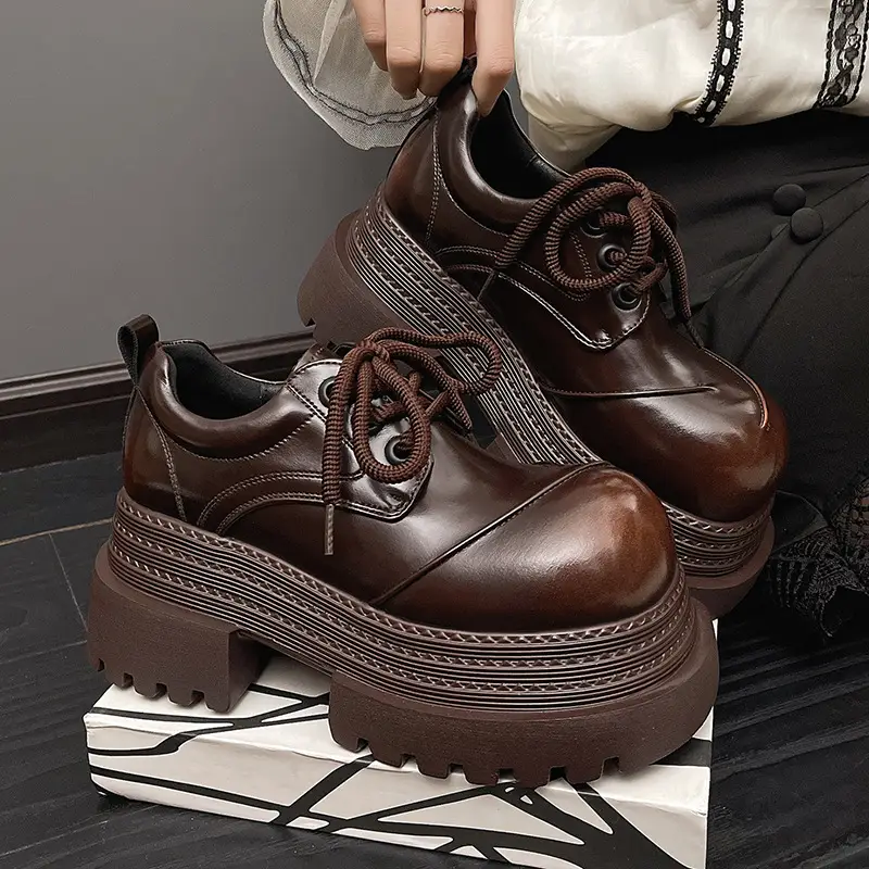 Platform Sole Personalized Big Head Low-top Shoes 2025 Spring New Thick Sole Coarse Heeled Lace-up Casual Small Leather Shoes Loafers