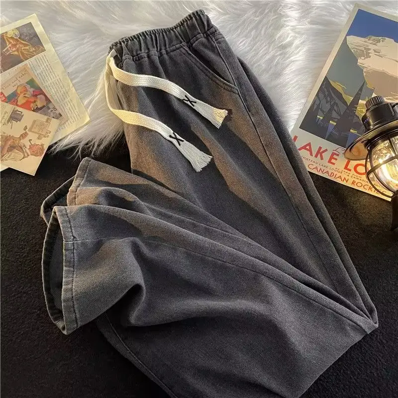 Men Blue Denim Wide Leg Pants Elastic Waist Drawstring — feature 16